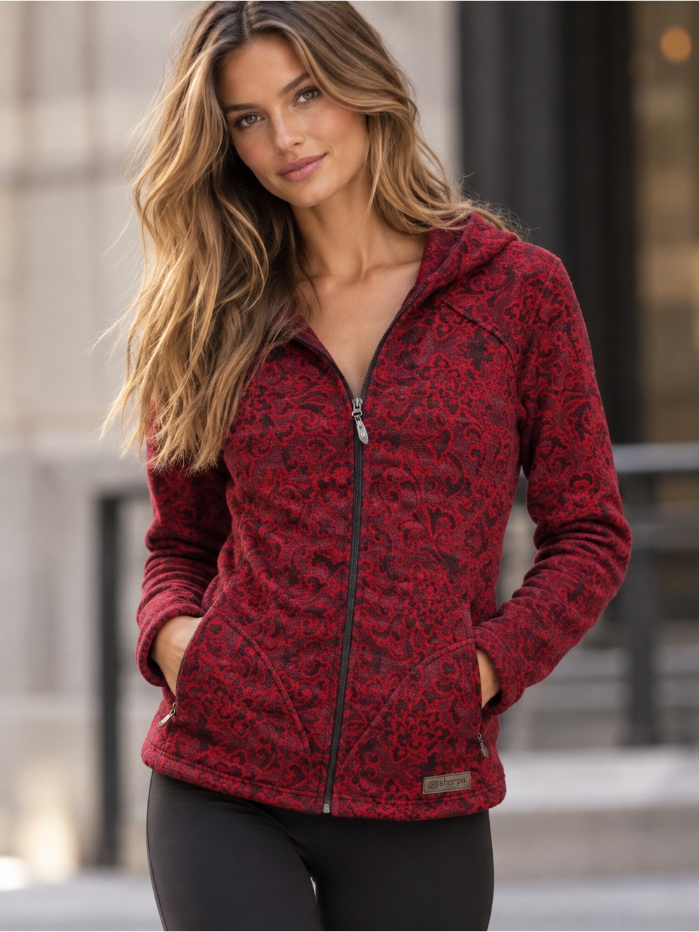 Sherpa Women's Red & Black Paisley Hooded Jacket Size Medium